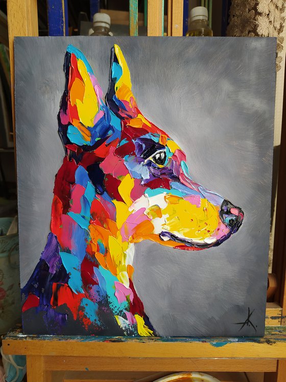 Doberman - funny pet, dog, doberman pinscher, dogs, doberman face, pet oil painting, dog, dog face, dog oil painting