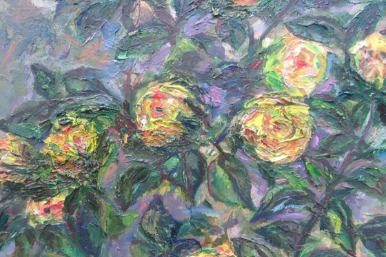 Original Oil Painting of Blush Yellow Roses Bush Romantic Impressionism Blooming Floral Housewarming Palette Knife Heavy Textured Small 12x12 in. (30x30 cm)