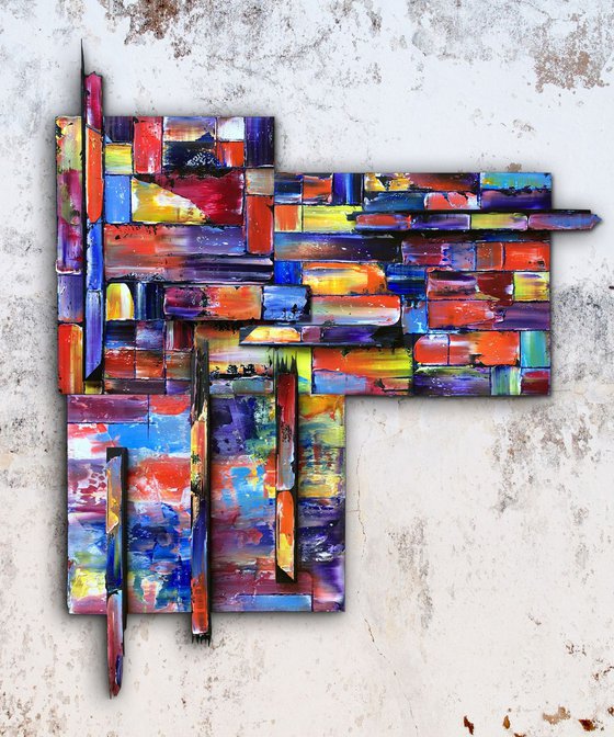 "Block Out" - Original Three-Piece Assembled PMS Mixed Media Sculptural Painting On Wood, Framed -  40 x 48 inches