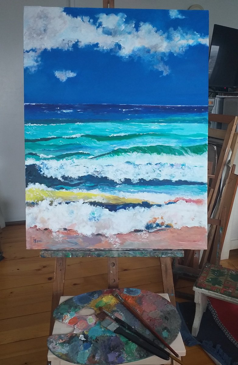 Impressionistic Landscape Acrylic Painting By Zoran Mihajlovic Muza, 25 X 33", Waves, Original Artwork