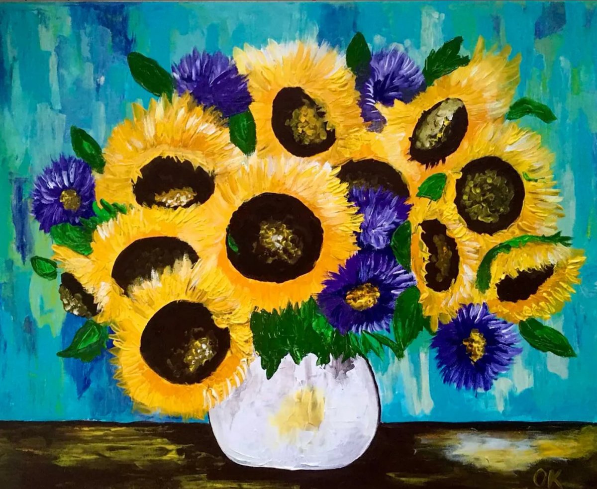 Impressionistic Botanical Acrylic Painting By Olga Koval, 32 X 26", Bouquet Of Sunflowers, Original Artwork