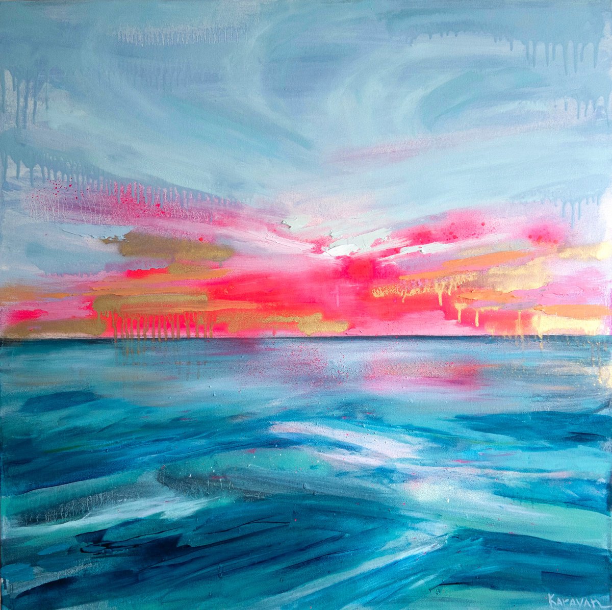 Impressionistic Landscape Oil Painting By Nataliia Karavan, 30 X 30", Golden Time, Original Artwork