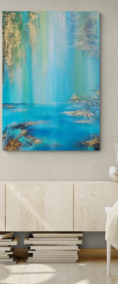A XL large semi-abstract beautiful structured mixed media painting of a lake "Under the willow" by Vera Hoi