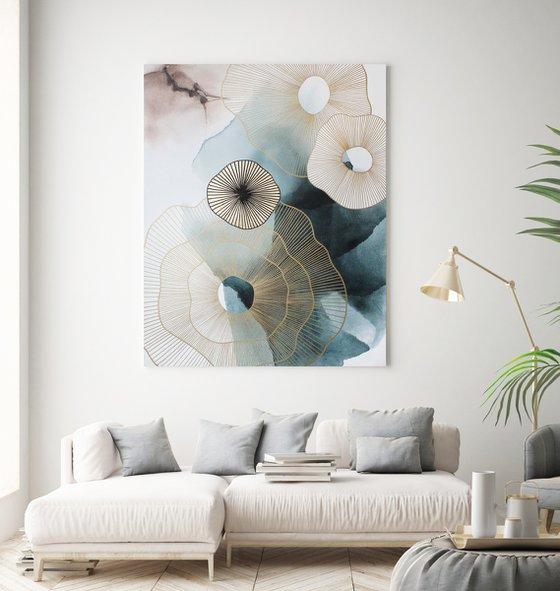 "Golden molecules 3 " Blue abstract art