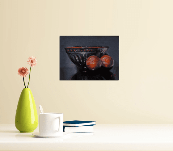 Original oil painting Plums & Bowl still life.