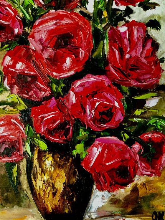 BOUQUET OF RED ROSES  palette knife modern red pink still life  flowers Dutch style office home decor gift