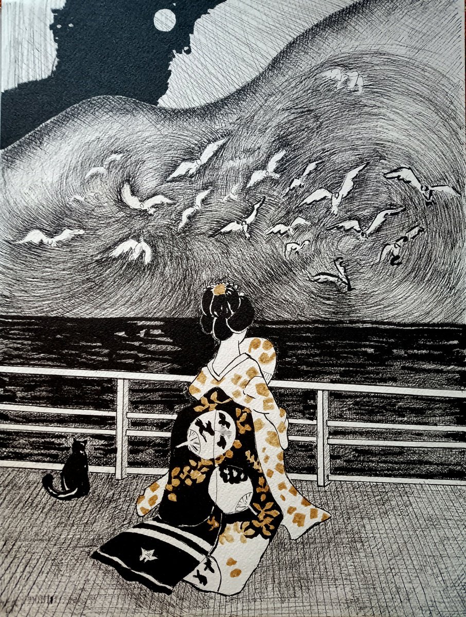 Expressive Portrait Ink Drawing By Marina Del Pozo, 12 X 16", Gheisa And The Moon, Original Artwork