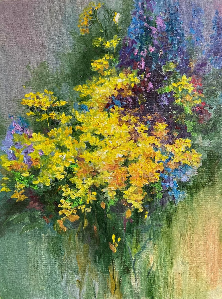 Impressionistic Botanical Oil Painting By Galyna Shevchencko, 12 X 16, Wild Flowers Bouquet, Original Artwork