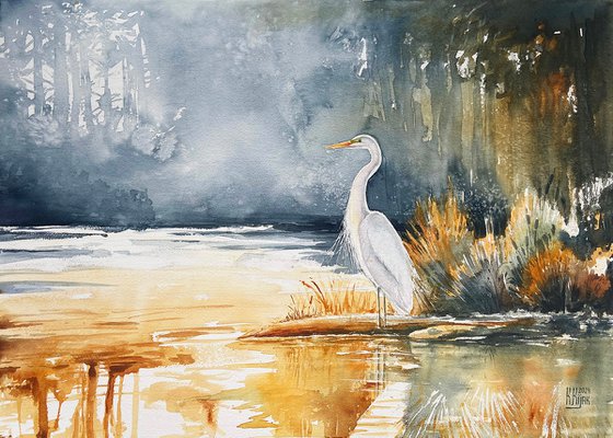 Landscape with a white heron