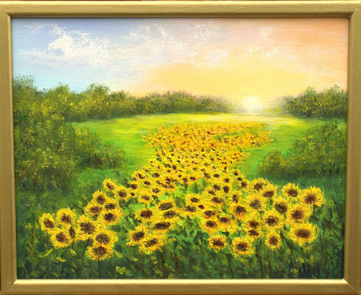 Photorealistic Landscape Oil Painting By Ludmilla Ukrow, 13 X 11", Sunflower, Original Artwork