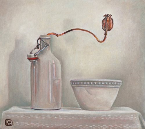 White Still Life with Dried Poppy Head by Liudmila Pisliakova