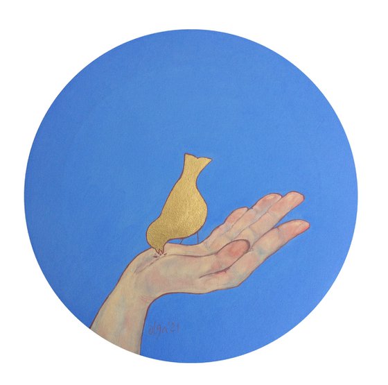 Original round painting - Hand and bird - Oil and golden leaf art for living room (2021)