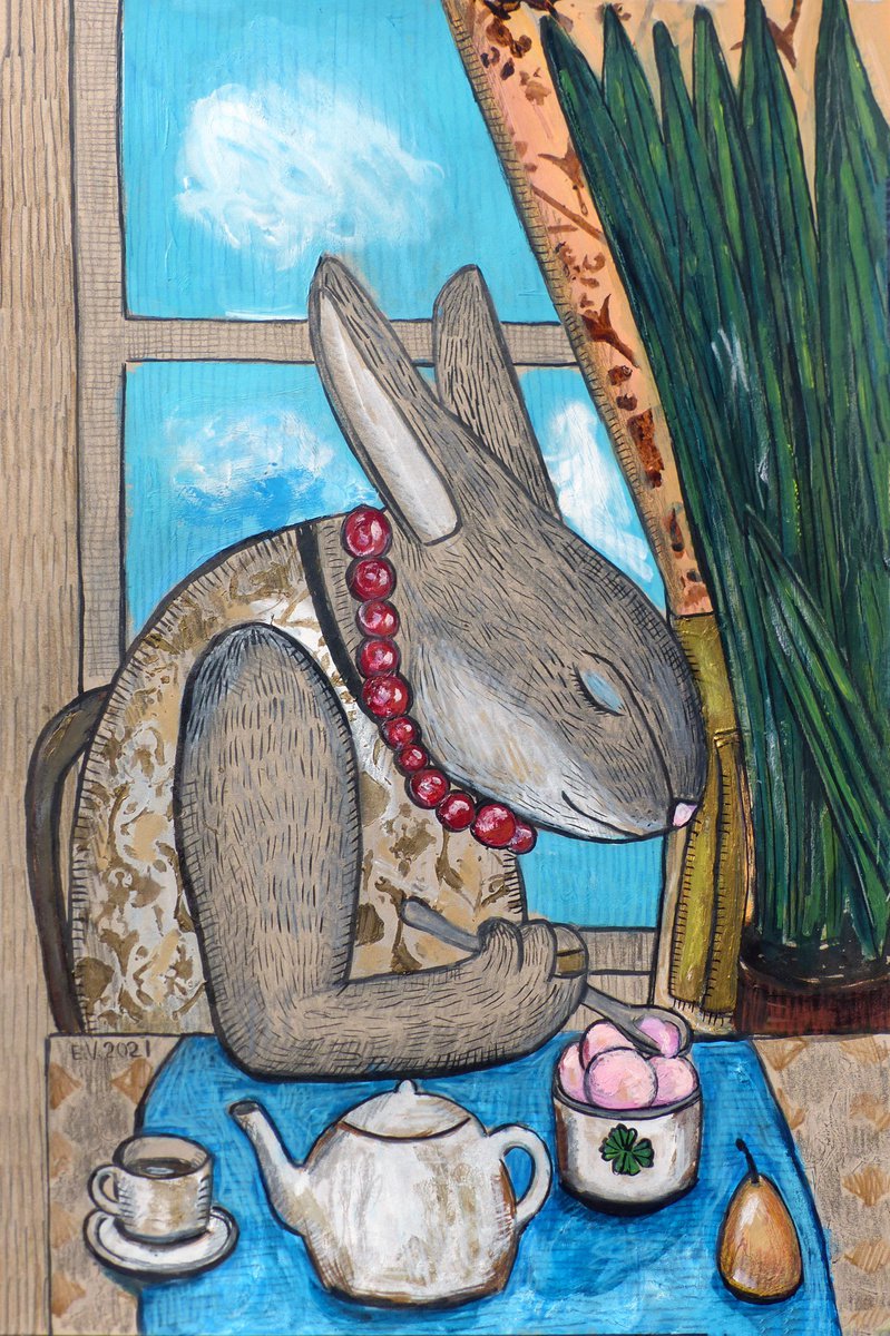 Naive Animal Painting By Elizabeth Vlasova, 12 X 18, Ice Cream For Breakfast, Original Artwork