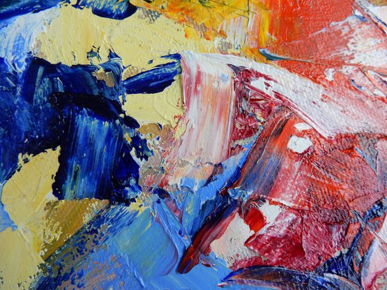 Abstract in blue and red. Palette knife.