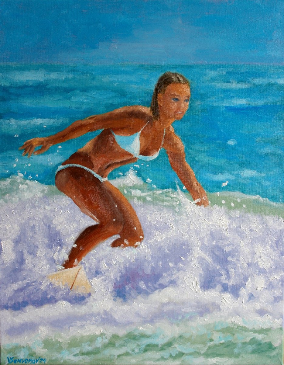 Impressionistic Portrait Oil Painting By Juri Semjonov, 16 X 20", A Lovely Surfer Girl #1, Original Artwork