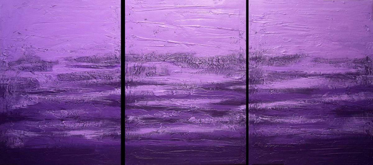 Abstract Landscape Painting By Stuart Wright, 60 X 28", Purple Triptych, Original Artwork