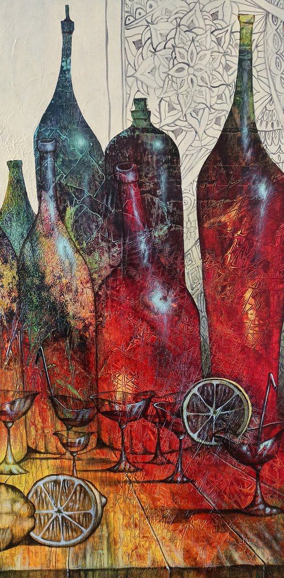 Still life with bottles 70x45cm ,Acrylic/canvas