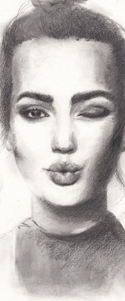 charcoal drawing of female wink woman fun flirting by Renske Karlien Hercules