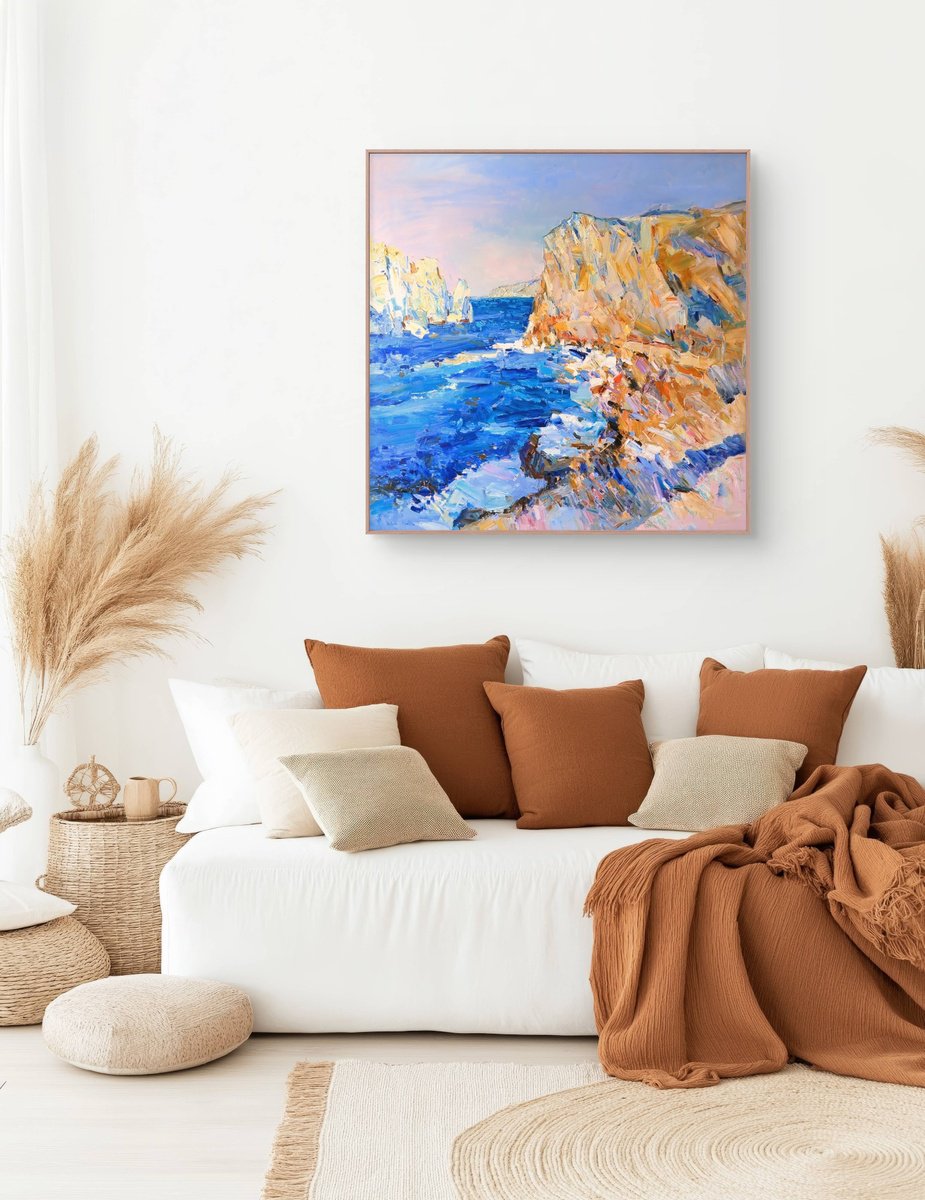 Impressionistic Landscape Oil Painting By Yehor Dulin, 39 X 39", "Rocks Of Malta ", Original Artwork