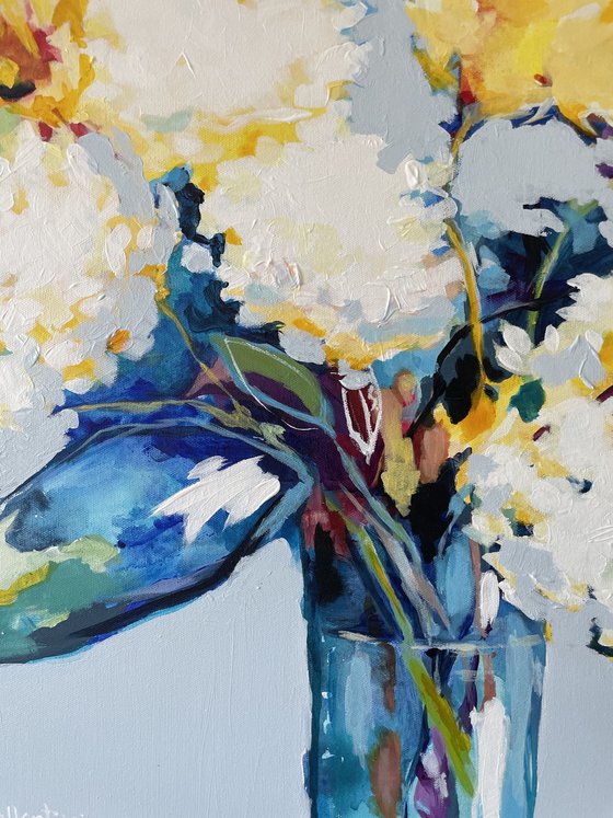 TO THE BLUE AND BACK - 70 X 50 CM - FLORAL PAINTING ON CANVAS * BLUE * YELLOW