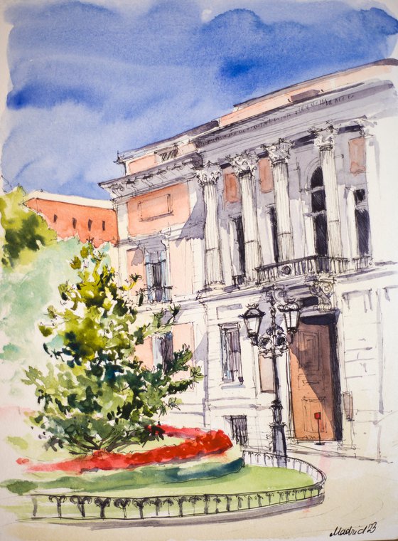 Prado Museum. Back entrance view. Madrid urban sketching small interior gift drawing