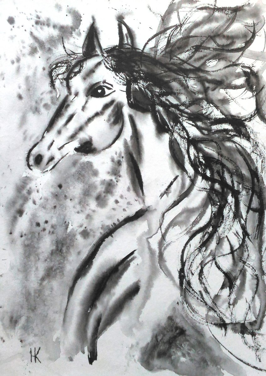 Horse Painting Animal Original Art Horse Portrait Watercolor Black Monochrome Painting Sma... by Halyna Kirichenko