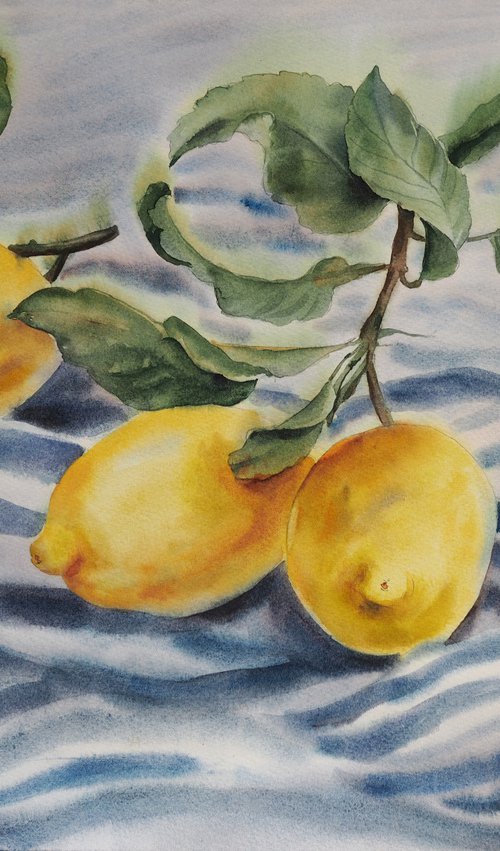 Lemons on a striped towel by Delnara El