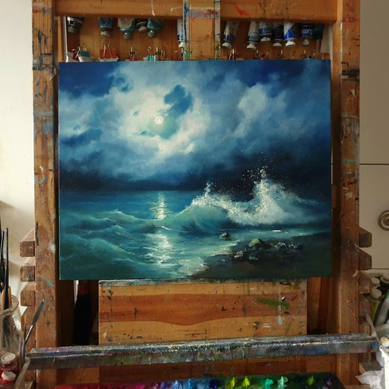 "Night sea." seascape sea night liGHt original painting  GIFT (2020)