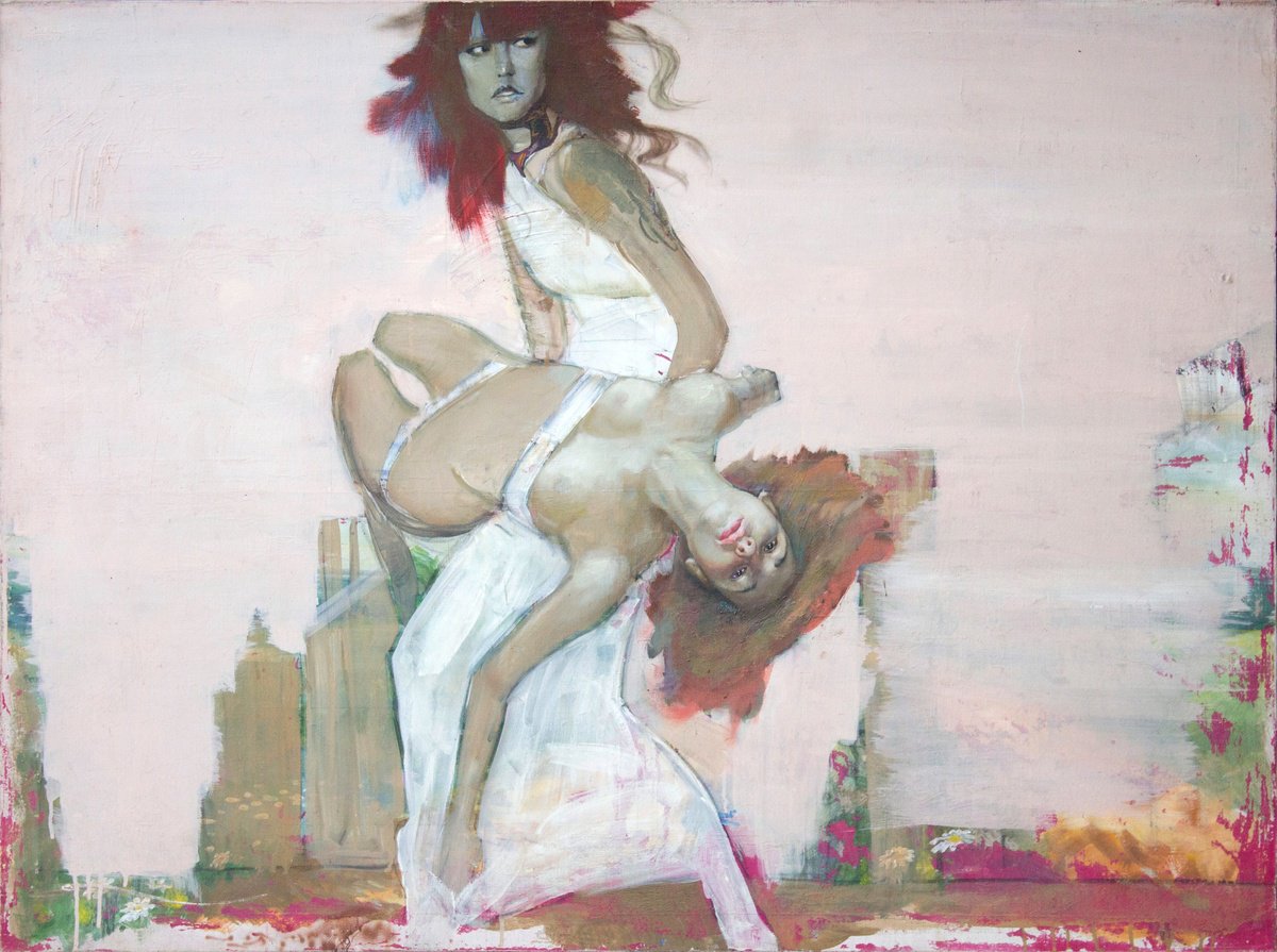 Expressive Portrait Oil Painting By Igor Galan, 47 X 35, Shopping, Original Artwork