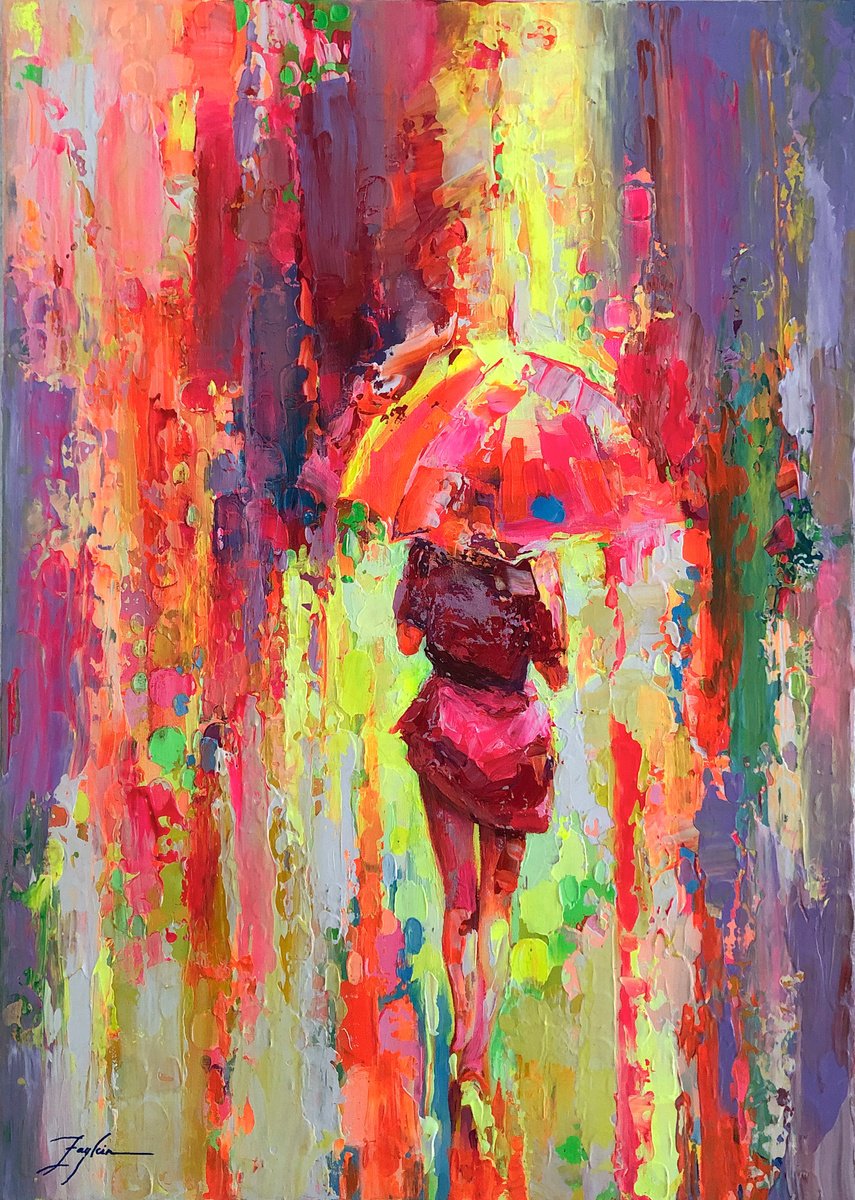 Impressionistic Portrait Acrylic Painting By Viacheslav Zaykin, 20 X 28", Romantic Walk In Pink Rain, Original Artwork