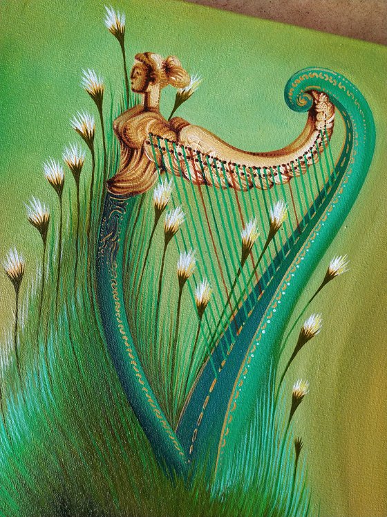 A bird with an Irish harp