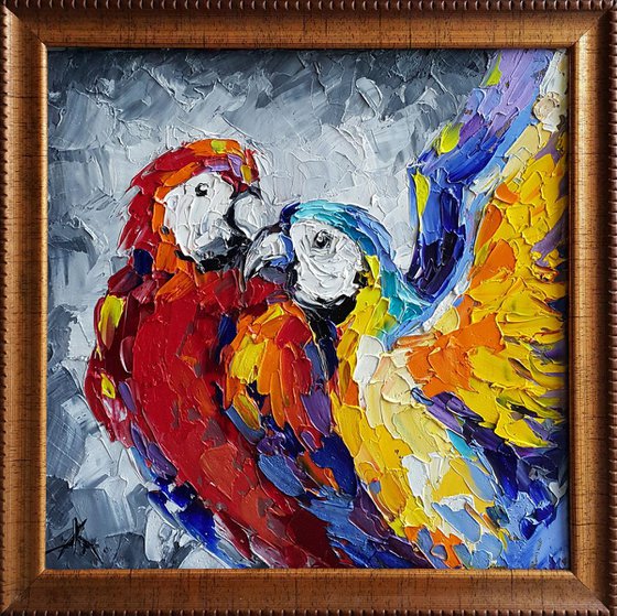 When i with you - bird, parrots, gift, love, birds love, parrots art, animals, oil painting