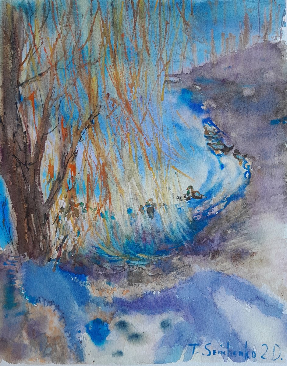 Impressionistic Watercolour , Walking With The Dog, Winter By Tanya Sun, 8 X 10, Artwork For Sale On Artfinder