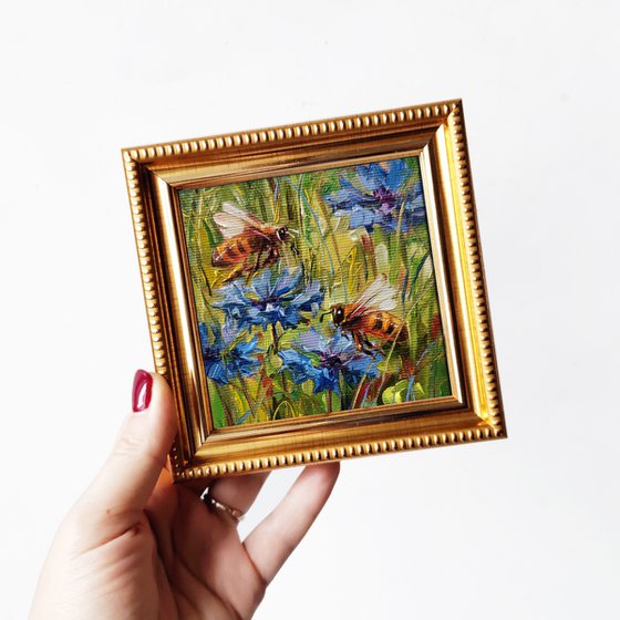 Bee artwork oil painting original on canvas, Blue flowers with bee small framed art painting of animals, Couple gifts