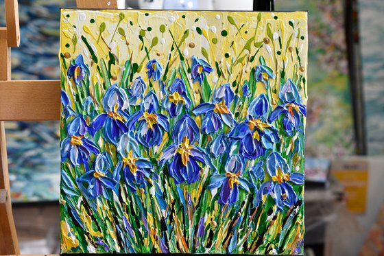 Irises - Deep impasto original floral painting, palette knife blue flowers art