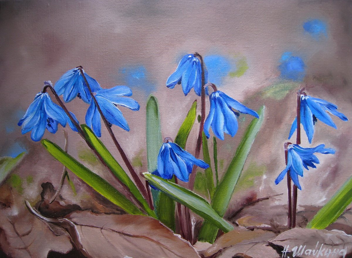 Photorealistic Oil Painting , Blue Scilla In Early Spring By Natalia Shaykina, 9 X 7, Artwork For Sale On Artfinder