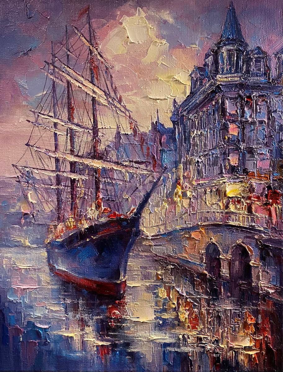 Impressionistic Landscape Oil Painting By Artem Grunyka, 14 X 18, Morning At The Port, Original Artwork