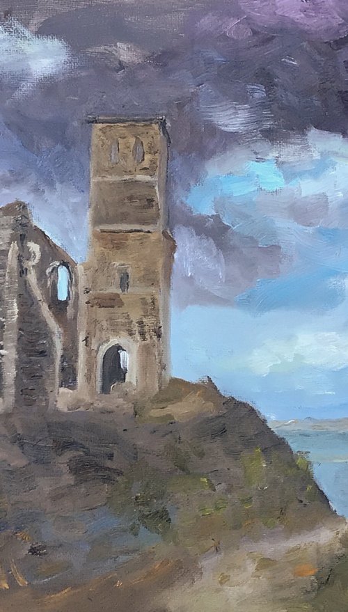 Old towers at Reculver fort, on the north Kent coast. Oil painting by Julian Lovegrove Art