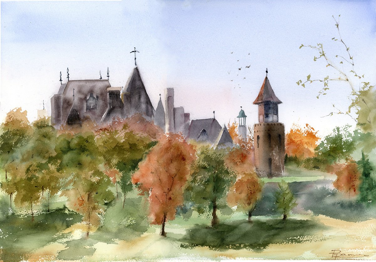 Impressionistic Watercolour , Boldt Castle In Autumn By Olga Tchefranov (Shefranov), 20 X 14, Artwork For Sale On Artfinder
