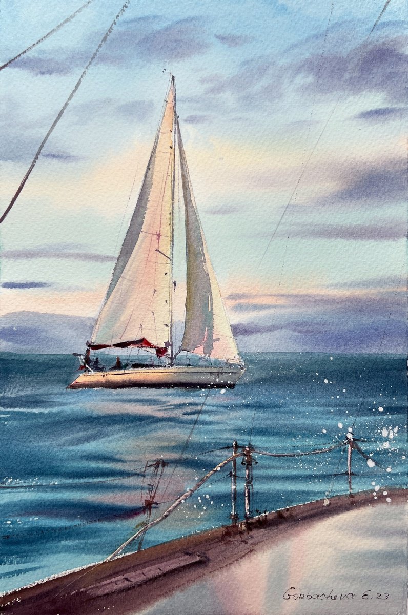 Eugenia Gorbacheva | Original Watercolour | Yachts At Sea #19 | 20 X 31Cm | Artwork For Sale On Artfinder
