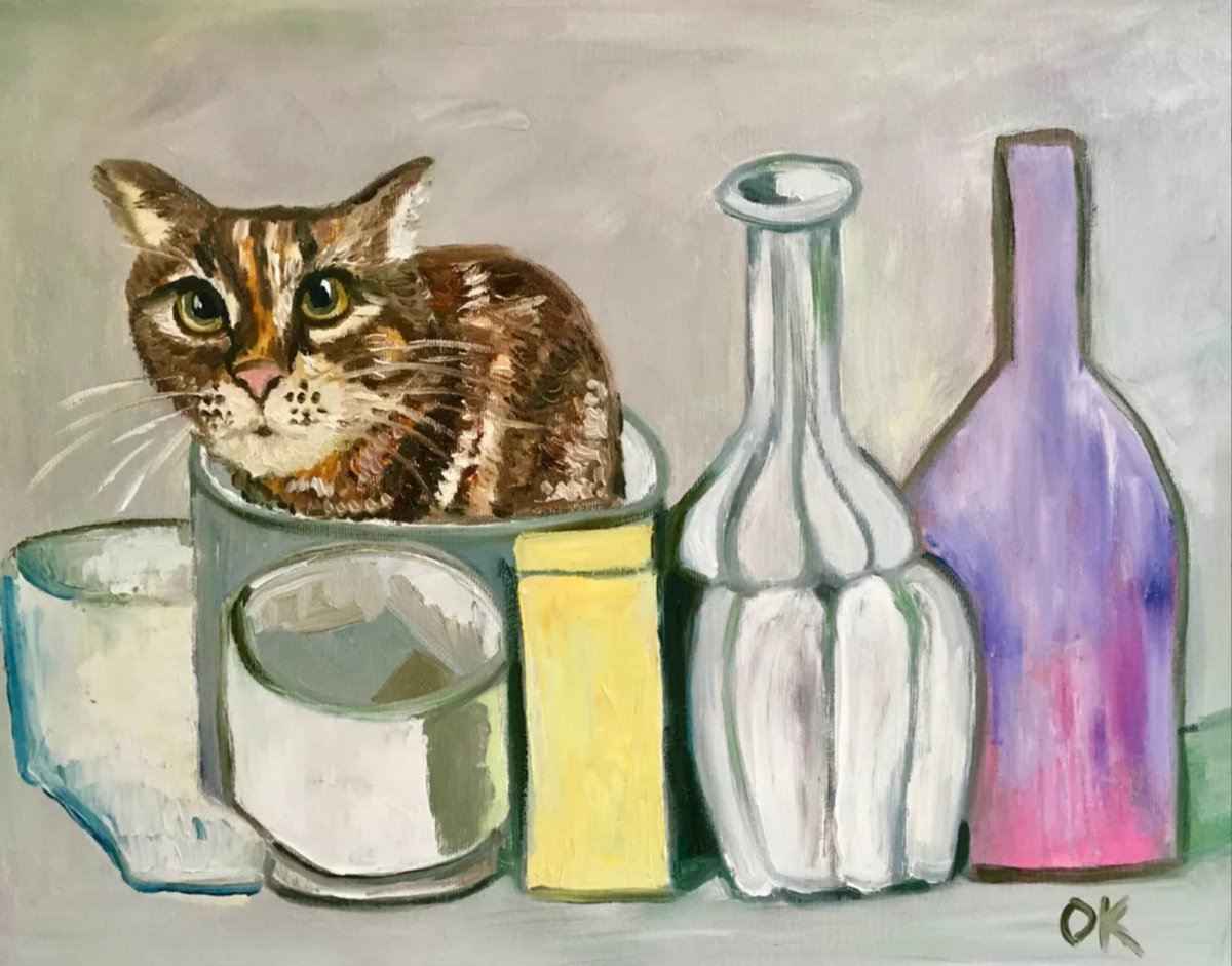 Expressive Animal Oil Painting By Olga Koval, 18 X 14", Morandi And A Cat, Original Artwork