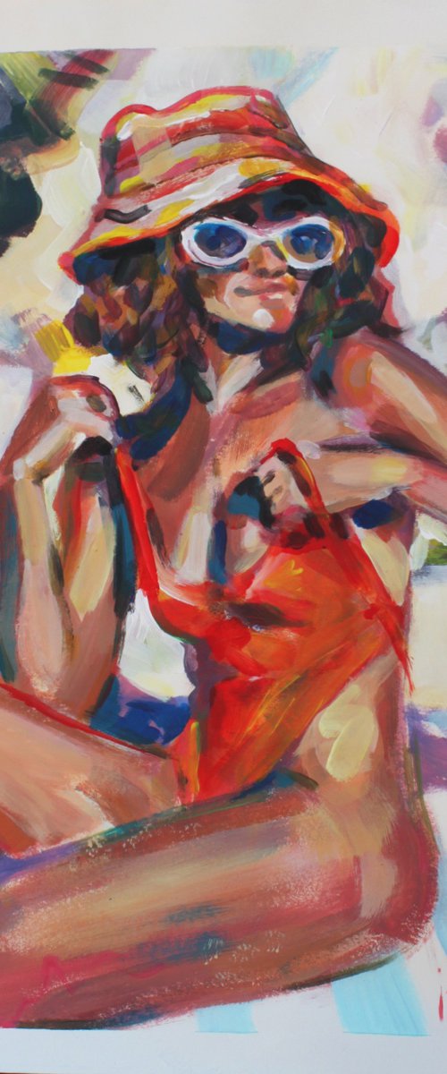 Girl in a red orange swimsuit and panama hat by Iryna Tymkul