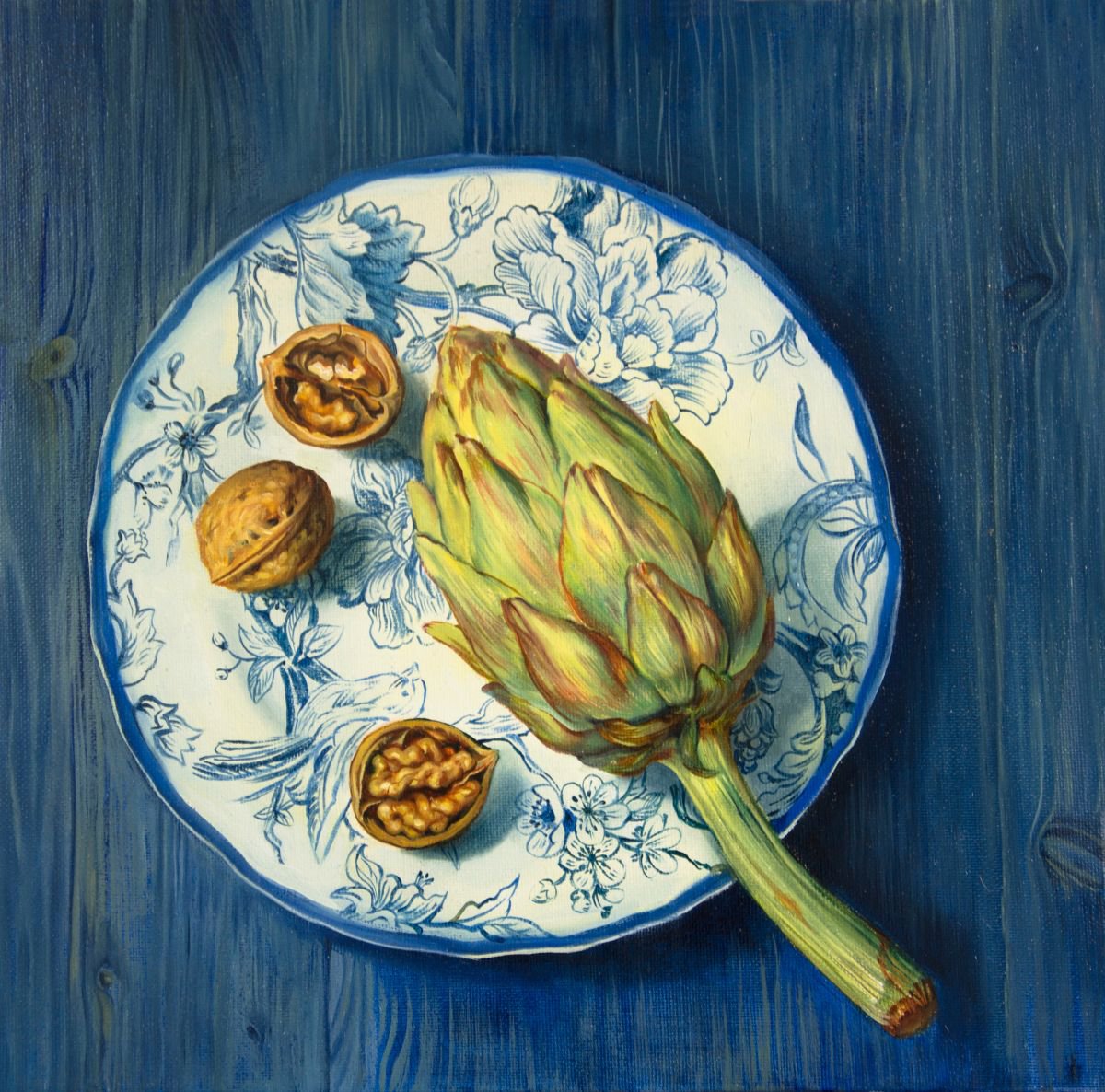 Photorealistic Still Life Oil Painting By Daria Galinski, 12 X 12, Still Life With Artichoke, Original Artwork