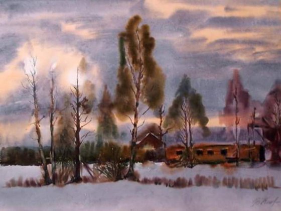 twilight, original watercolor painting 80x60 cm