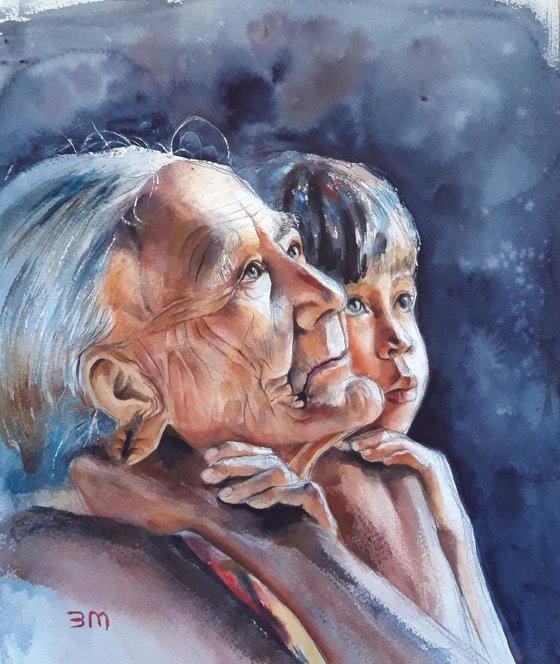 Capturing Generational Love: Watercolour Painting of an Old Woman and Her Granddaughter