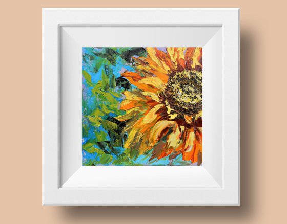 Sunflower,  Impasto oil painting. Palette knife, heavy textured art