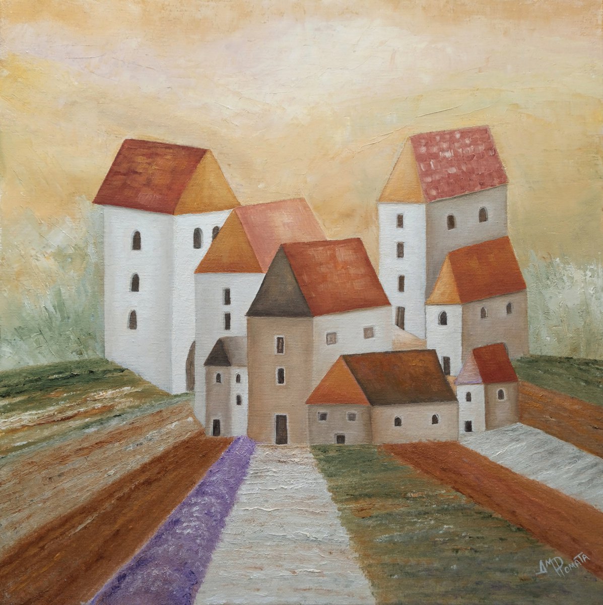 Impressionistic Landscape Oil Painting By Angeles M. Pomata, 16 X 16, True Grit, Original Artwork