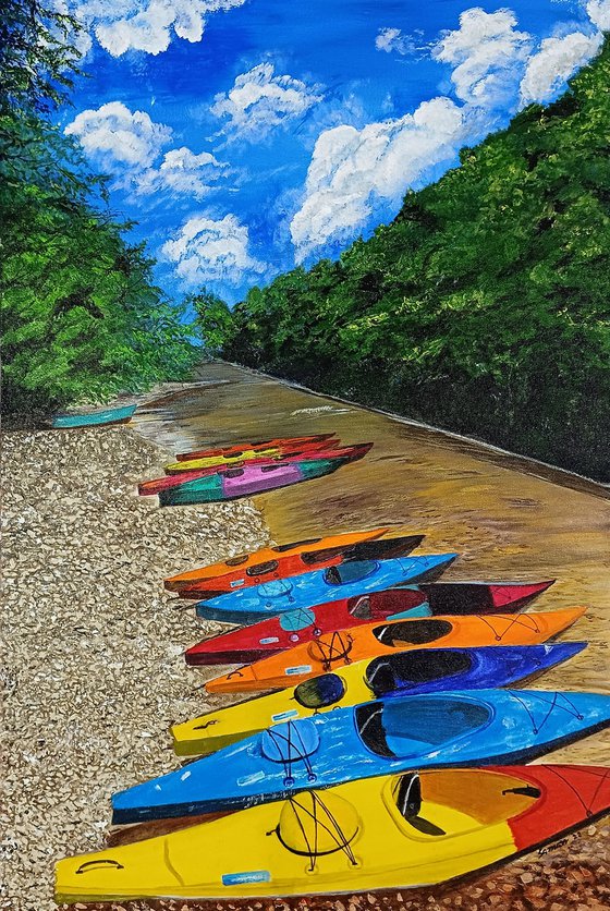 Kayaks Sunbathing , Original Acrylic Painting ,2022