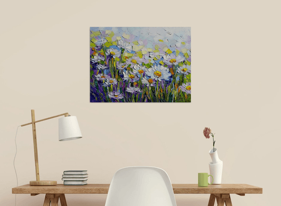 Daisies painting, Chamomiles flowers white daisies blooming original impasto oil canvas artwork