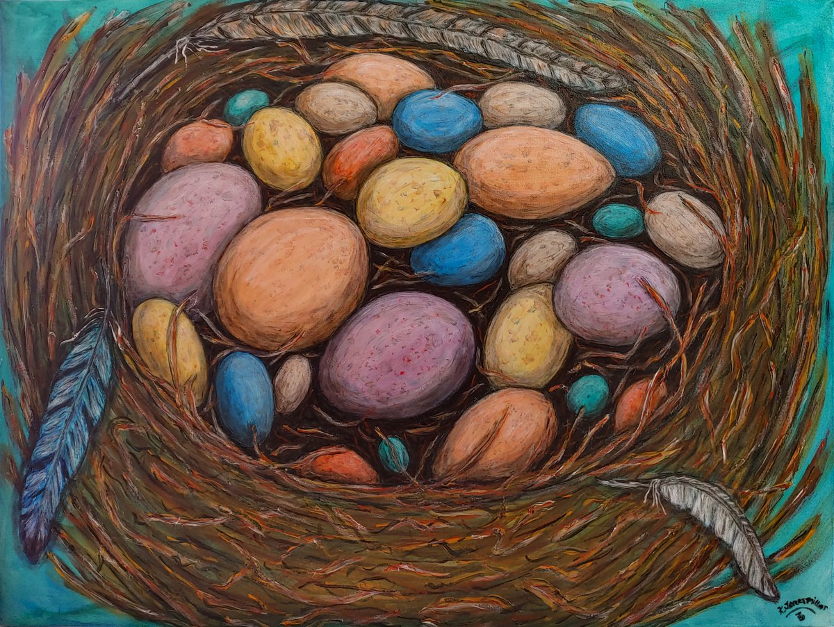 Impressionistic Animal Oil Painting By Kim Jones Miller, 40 X 30", The World Is Our Nest, Original Artwork